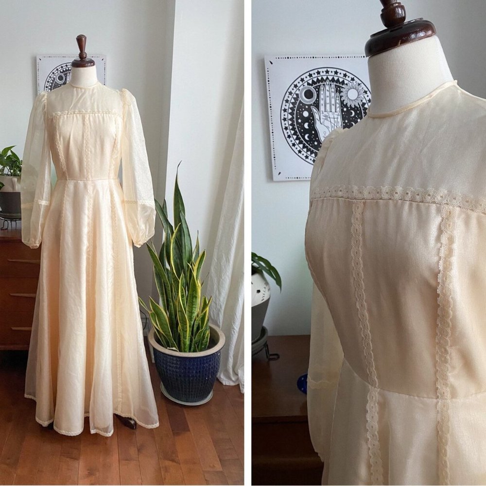 70s Vintage Victorian Renaissance Bridal Chiffon Wedding Dress Size XS